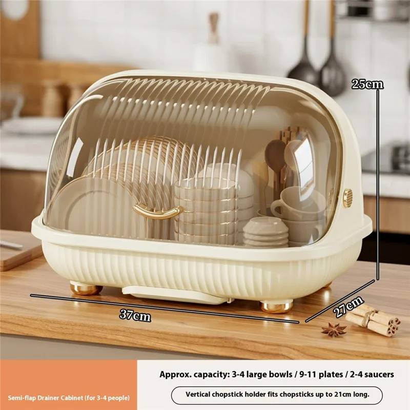 Organizador de Rack de Louça de Cozinha com Tampa Flip, Grande Capacidade, à Prova de Poeira, Bacia de Drenagem, Tamanho Pequeno - Bege