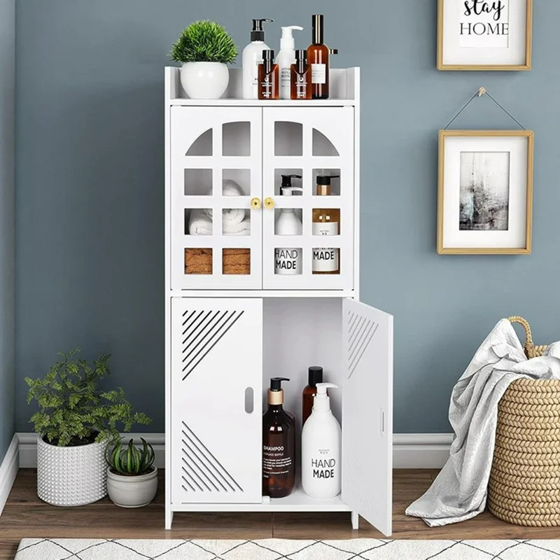 Armoire de rangement pour le sol de la salle de bain, à double porte, grande capacité, multifonctionnelle, organisateur à rayures diagonales