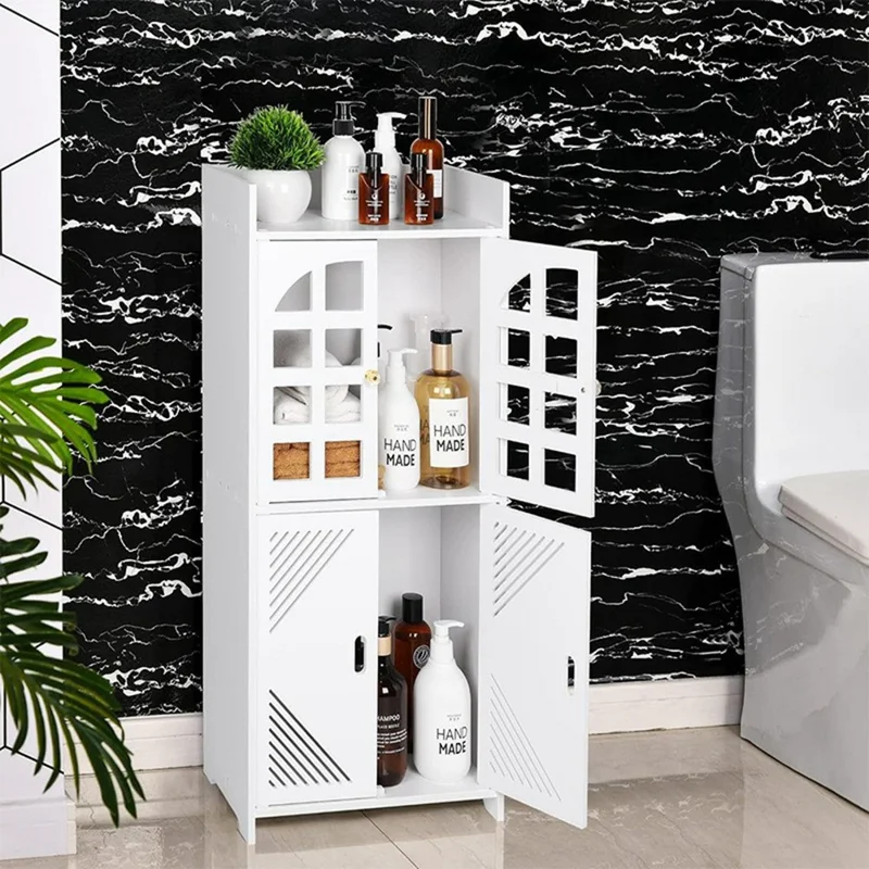 Armoire de rangement pour le sol de la salle de bain, à double porte, grande capacité, multifonctionnelle, organisateur à rayures diagonales