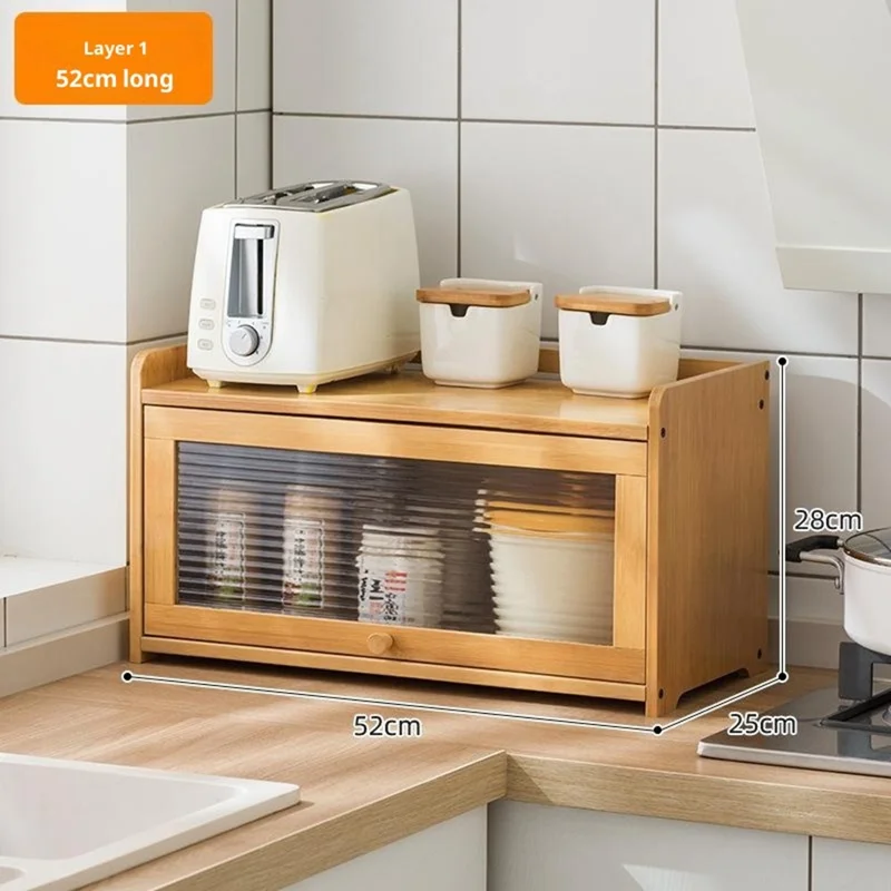 Einstöckiges 52 cm langes Küchen-Gewürzregal aus Bambus mit Aufbewahrungsschrank und transparenter Tür - Bambus-Farbe