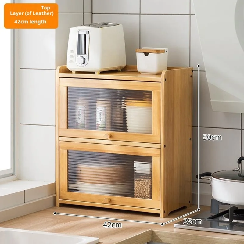 606TMZWG-03 2 Tiers 42cm Length Kitchen Countertop Storage Cabinet Multi-functional Spice Rack with Transparent Door - Bamboo Color