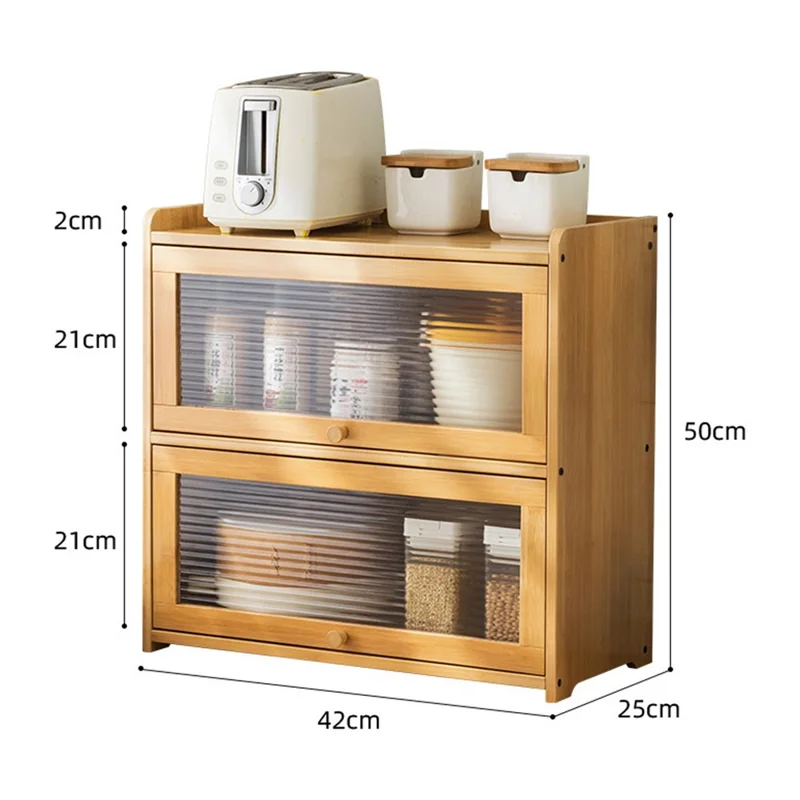 606TMZWG-03 2 Tiers 42cm Length Kitchen Countertop Storage Cabinet Multi-functional Spice Rack with Transparent Door - Bamboo Color