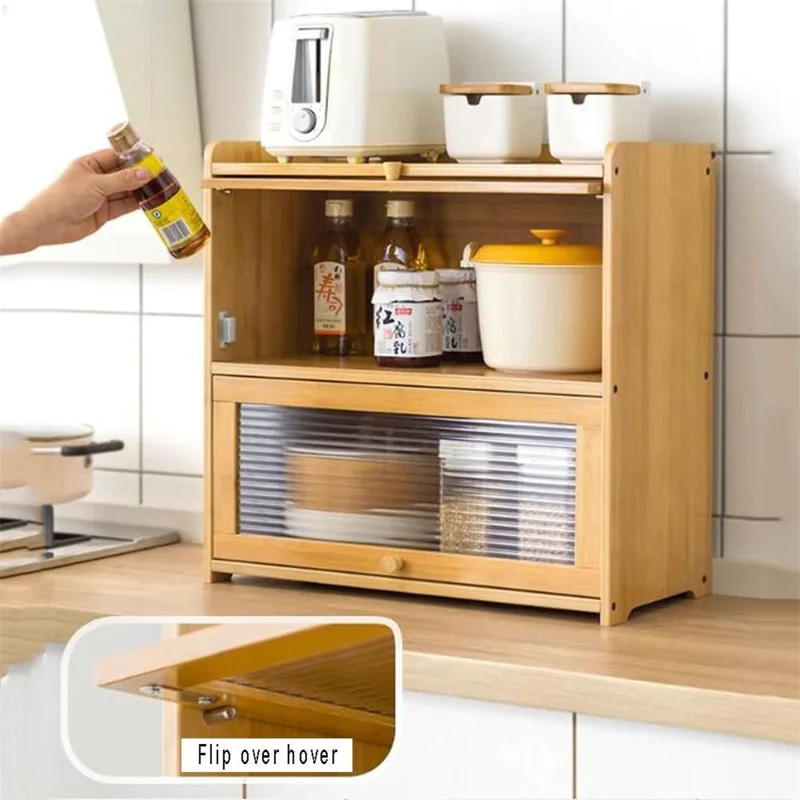 606TMZWG-03 2 Tiers 42cm Length Kitchen Countertop Storage Cabinet Multi-functional Spice Rack with Transparent Door - Bamboo Color