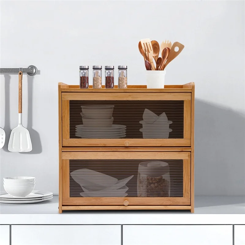 606TMZWG-03 2 Tiers 42cm Length Kitchen Countertop Storage Cabinet Multi-functional Spice Rack with Transparent Door - Bamboo Color