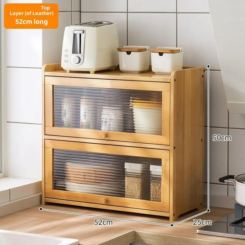 606TMZWG-04 2 Tiers 52cm Length Kitchen Countertop Storage Cabinet Multi-functional Spice Rack with Transparent Door - Bamboo Color - Bamboo Color