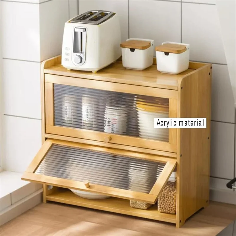 606TMZWG-04 2 Tiers 52cm Length Kitchen Countertop Storage Cabinet Multi-functional Spice Rack with Transparent Door - Bamboo Color - Bamboo Color