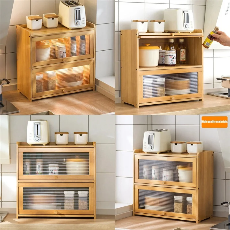 606TMZWG-04 2 Tiers 52cm Length Kitchen Countertop Storage Cabinet Multi-functional Spice Rack with Transparent Door - Bamboo Color - Bamboo Color