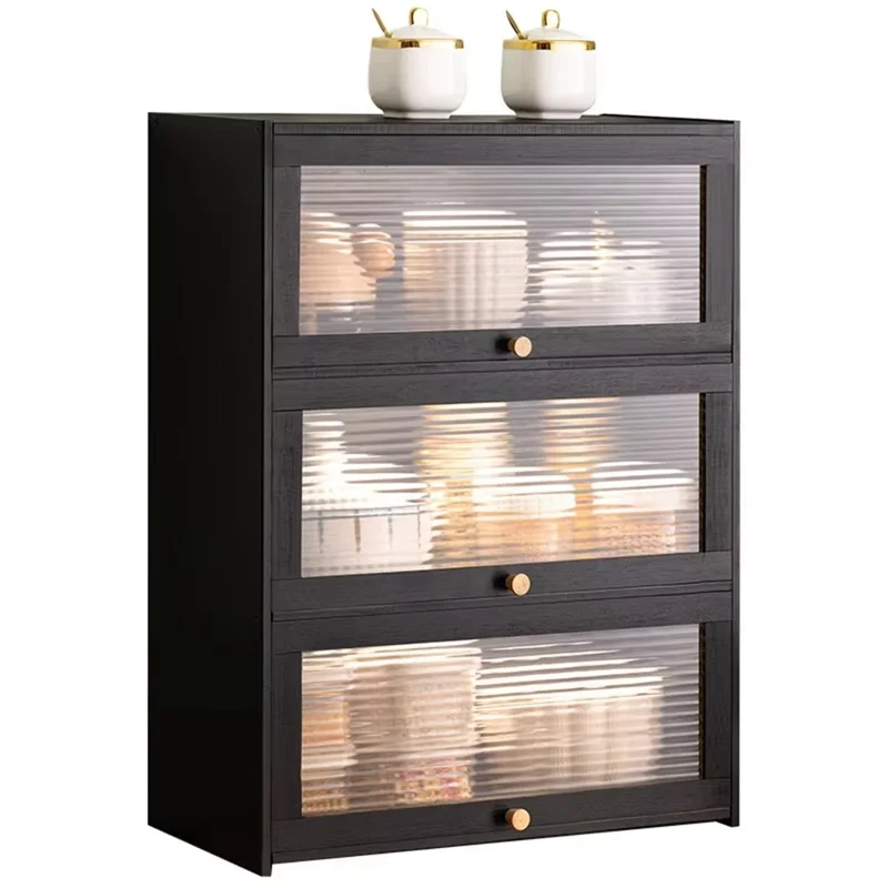 607TMZWG-12 3 Tiers 52cm Length Kitchen Countertop Storage Cabinet Multi-functional Spice Rack with Transparent Door - Black