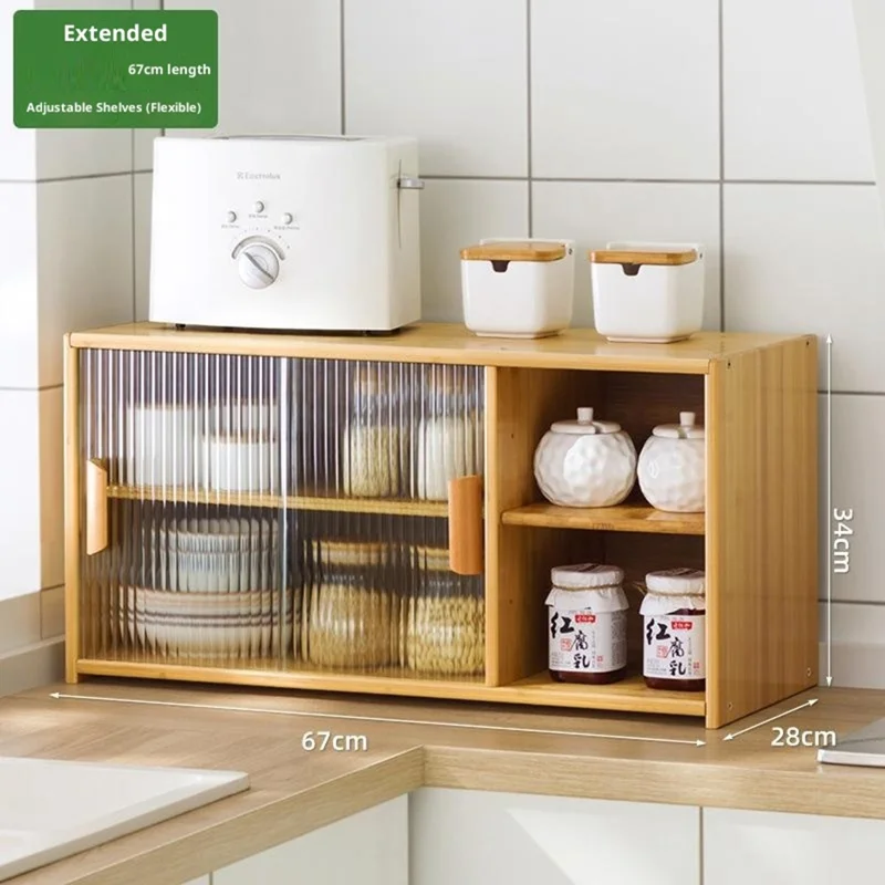 Organizador de especias para encimera de cocina de 67 cm de longitud, multiusos, con estantes escalonados y divisores ajustables - Color bambú