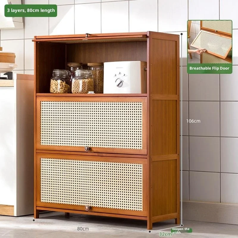 3-stufiger 80 cm langer Küchenschrank aus Bambus mit Platz sparendem Regal und Klapptür mit Maschendraht
