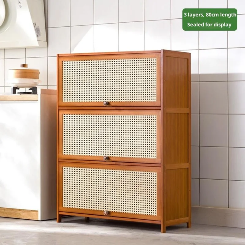 3-stufiger 80 cm langer Küchenschrank aus Bambus mit Platz sparendem Regal und Klapptür mit Maschendraht