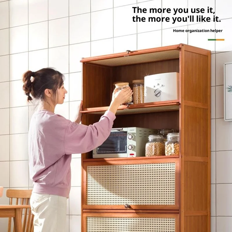 2220STSG-13 5 Tiers 60cm Length Kitchen Storage Cabinet Space Saving Bamboo Organizer Shelf with Flip-up Mesh Door