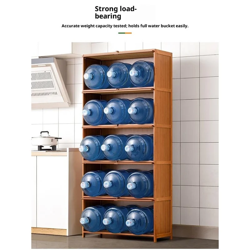 2220STSG-13 5 Tiers 60cm Length Kitchen Storage Cabinet Space Saving Bamboo Organizer Shelf with Flip-up Mesh Door