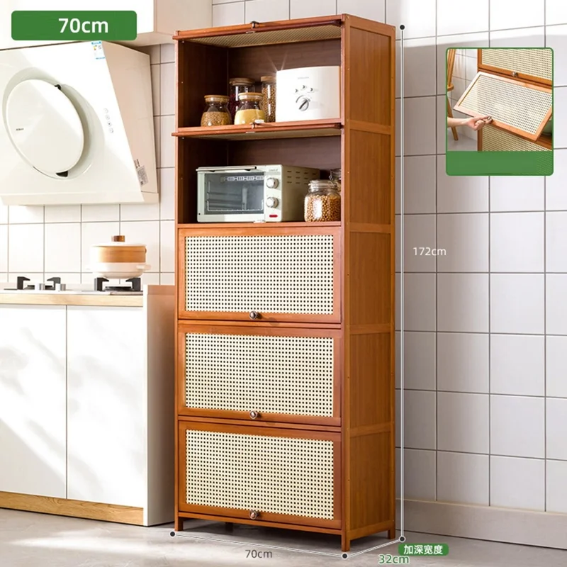 5-stufiger 70 cm langer Küchenschrank aus Bambus mit Platzsparmechanismus und Klapptür mit Maschendraht