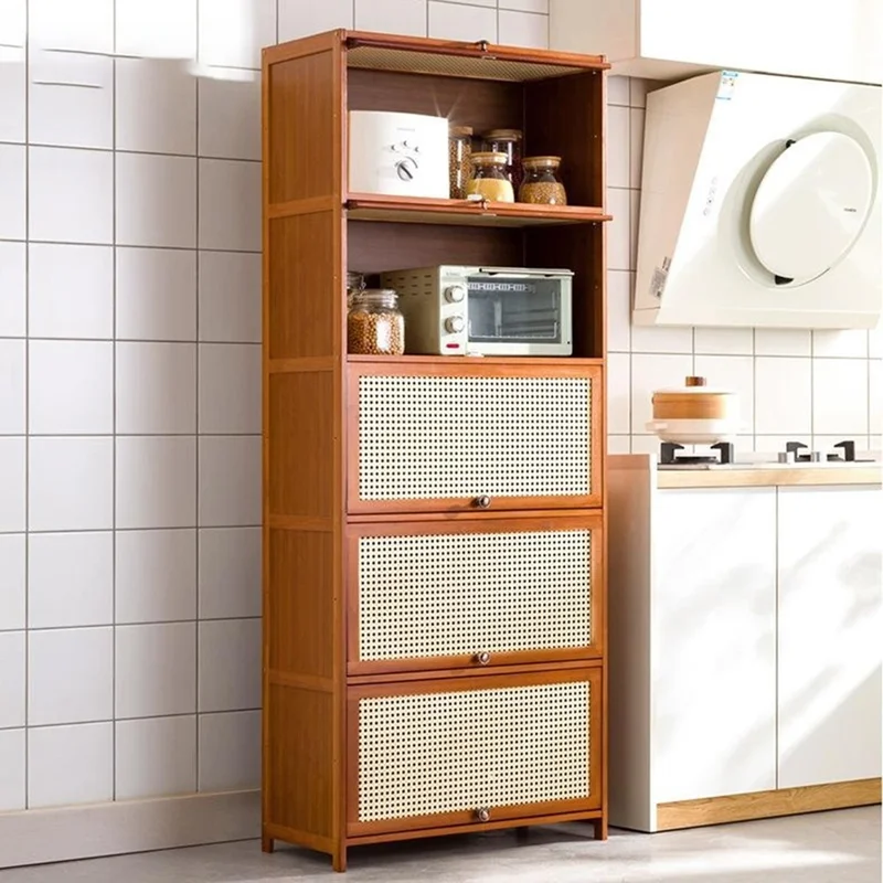 5-stufiger 70 cm langer Küchenschrank aus Bambus mit Platzsparmechanismus und Klapptür mit Maschendraht