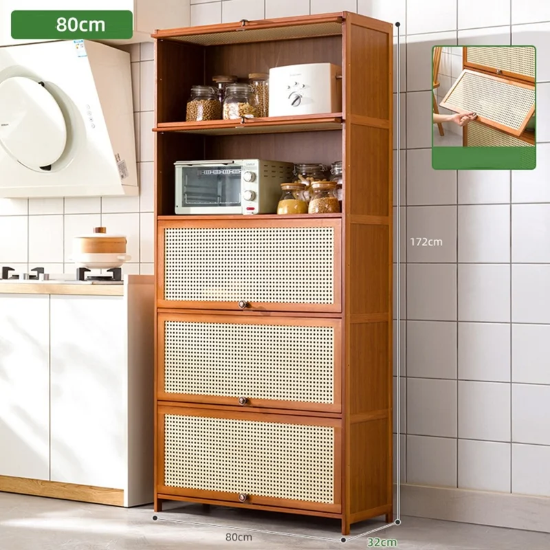 5-stufiger 80 cm langer Küchenaufbewahrungsschrank platzsparend Bambus-Organizer-Regal mit Klapptür mit Maschendraht
