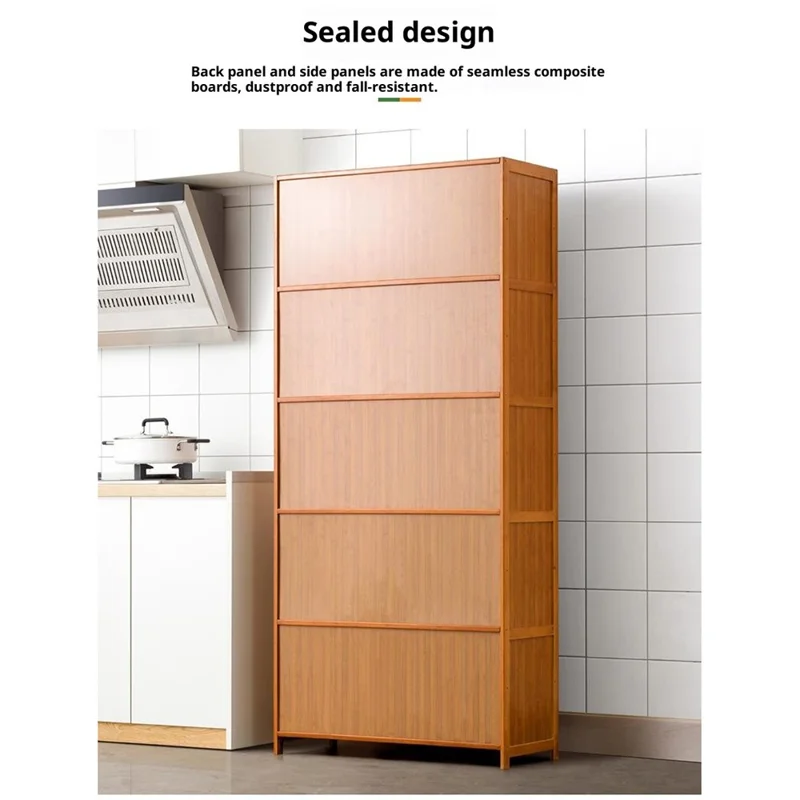 5-stufiger 80 cm langer Küchenaufbewahrungsschrank platzsparend Bambus-Organizer-Regal mit Klapptür mit Maschendraht