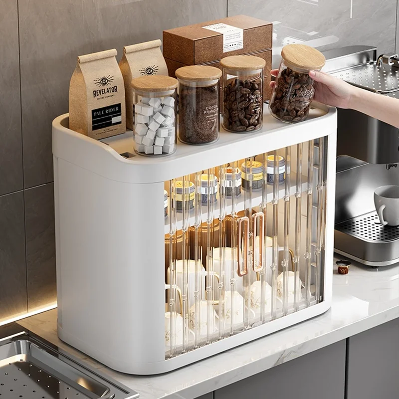 Multifunktionaler Schreibtisch-Aufbewahrungsschrank mit transparenten Schiebetüren, Küchengewürz- und Teetassenorganizer-Regal - Weiß