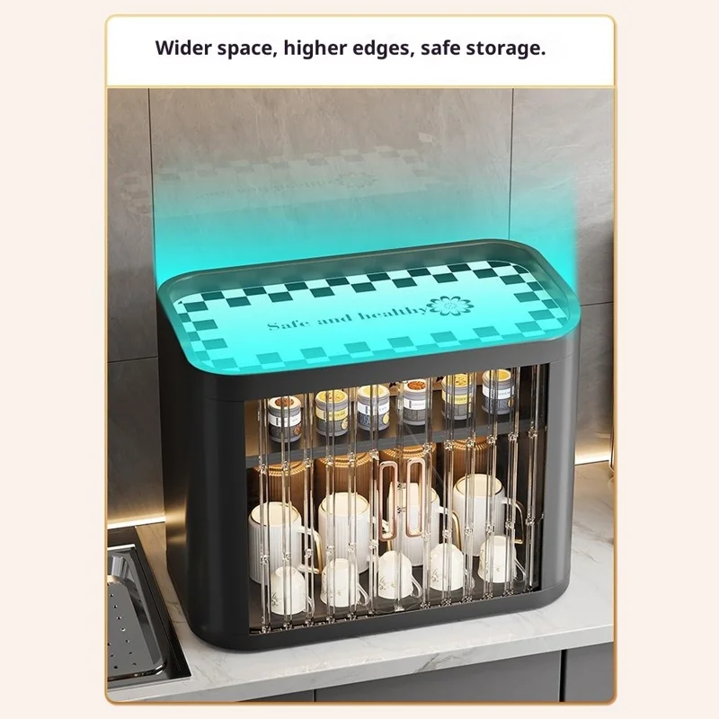 Multifunktionaler Schreibtisch-Aufbewahrungsschrank mit transparenten Schiebetüren, Küchengewürz- und Teetassenorganizer-Regal - Weiß