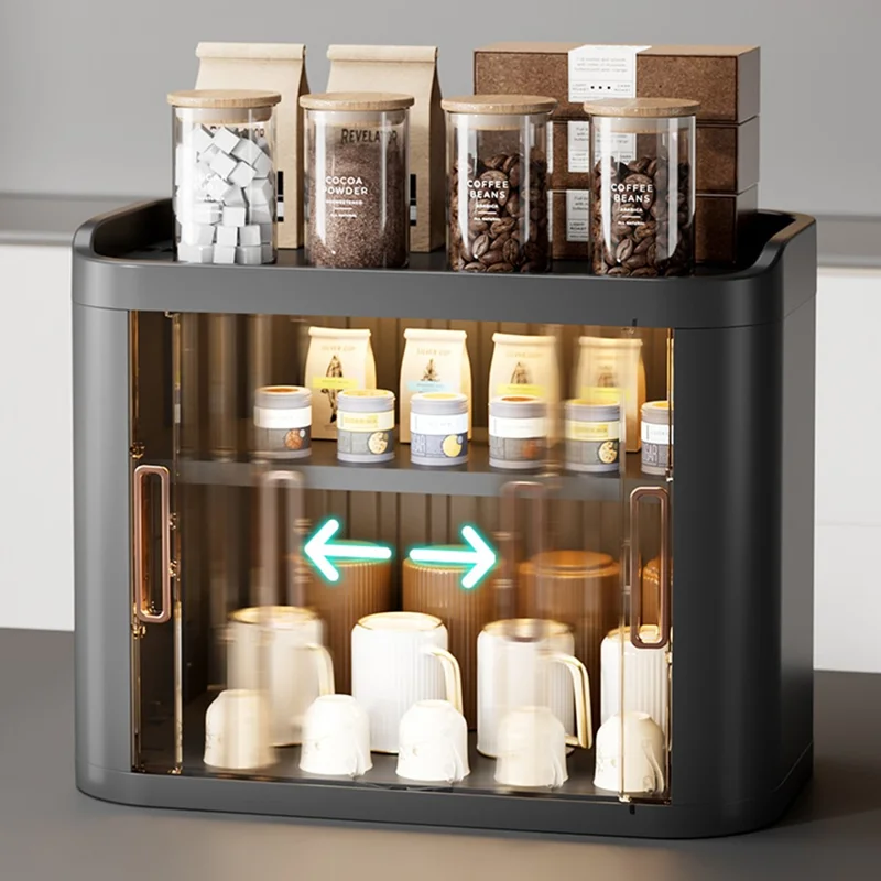 Multifunktionaler Schreibtisch-Aufbewahrungsschrank mit transparenten Schiebetüren, Küchengewürz- und Teetassenorganizer-Regal - Weiß