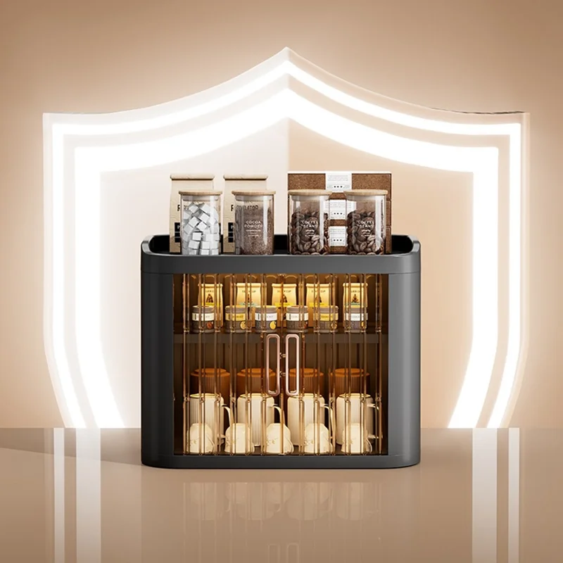 Multifunktionaler Schreibtisch-Aufbewahrungsschrank mit transparenten Schiebetüren, Küchengewürz- und Teetassenorganizer-Regal - Weiß