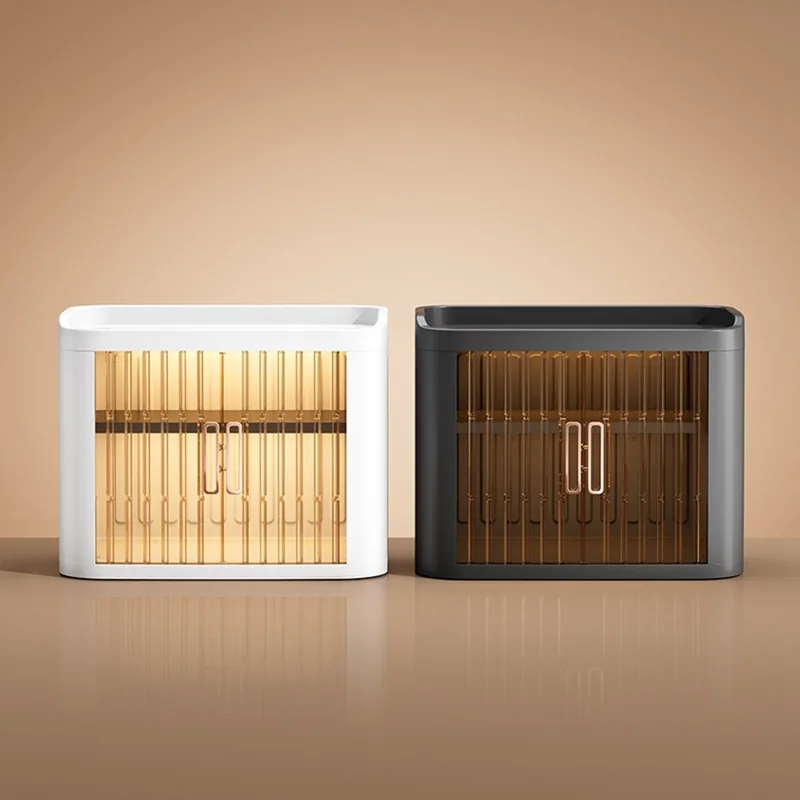 Multifunktionaler Schreibtisch-Aufbewahrungsschrank mit transparenten Schiebetüren, Küchengewürz- und Teetassenorganizer-Regal - Weiß