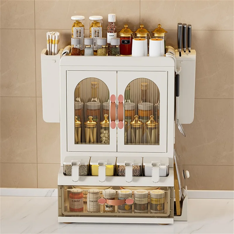 Set di scaffali per spezie da cucina con cassetto / Bacchette / Supporto per taglierina Organizzatore da bancone a più livelli per la conservazione domestica per la cucina