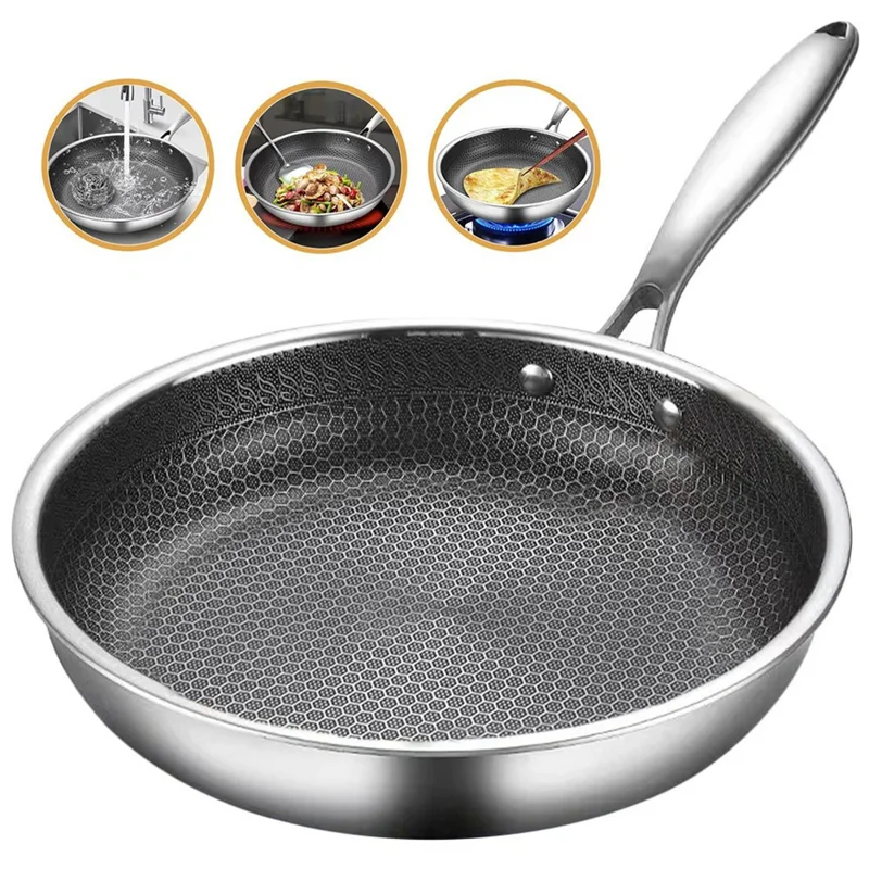 Padella in Acciaio Inossidabile a Struttura Esagonale 28 cm, Antiaderente, Spessa, Padella Universale per Bistecca / Casa (Testata FCM, Senza BPA)