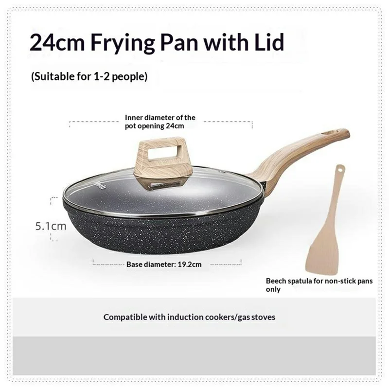 Fradeira MENJO de Pedra Maifanite 24 cm com Tampa e Espátula, Antiaderente, para Cozinhar em Casa