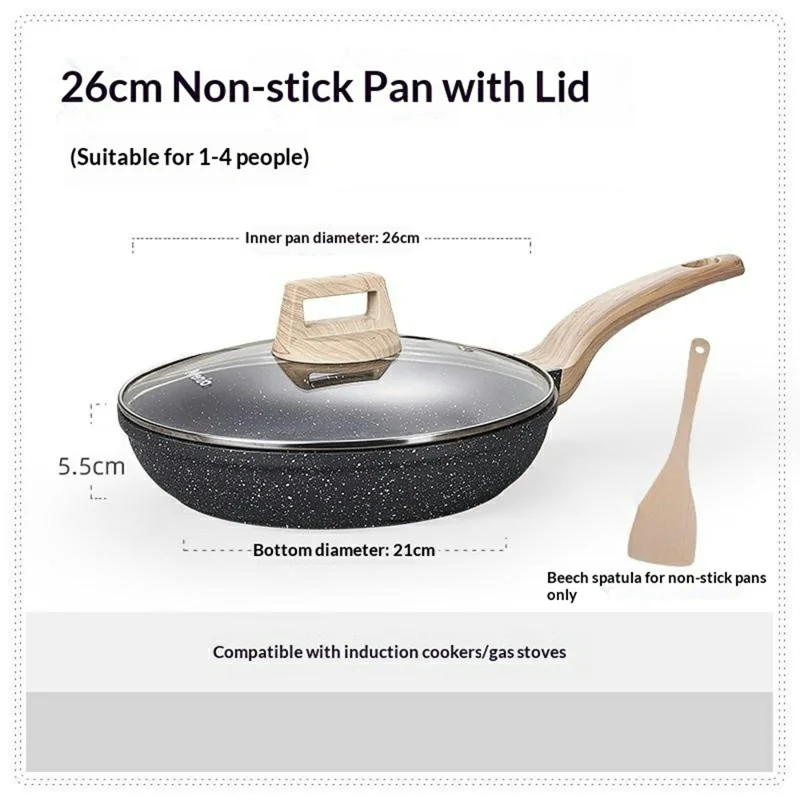 MENJO Granite Frying Pan 26cm Non Stick Skillet with Lid / Spatula for Home Cooking