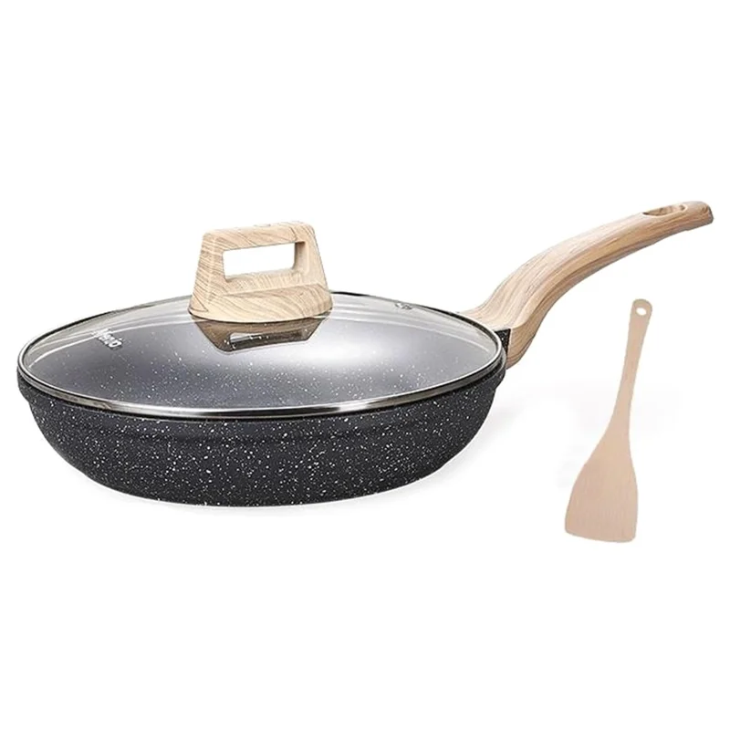 MENJO Granite Frying Pan 28cm Non Stick Skillet with Lid / Spatula for Home Cooking