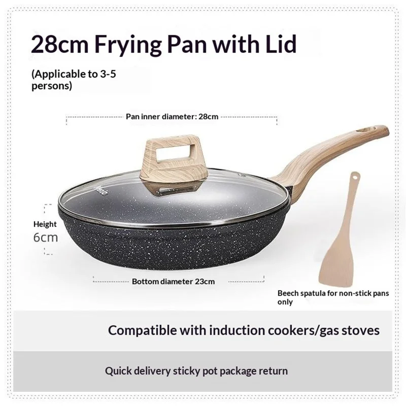 MENJO Granite Frying Pan 28cm Non Stick Skillet with Lid / Spatula for Home Cooking