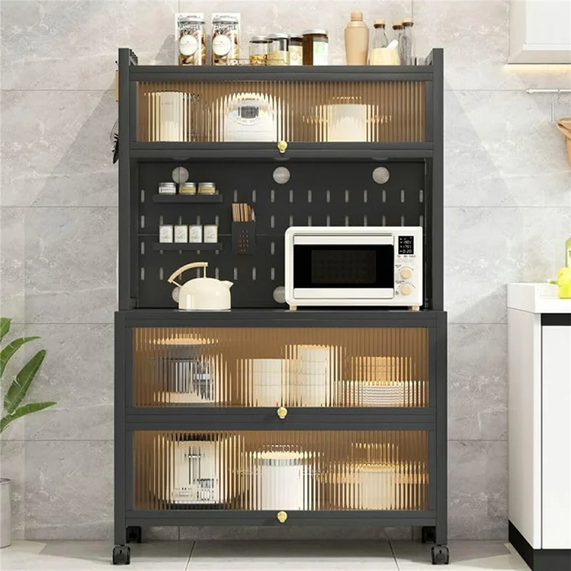 80×42×160cm 5-Tier Carbon Steel Kitchen Storage Cabinet with Doors and Wheels Dish Storage Organizer for Microwave Oven - Black