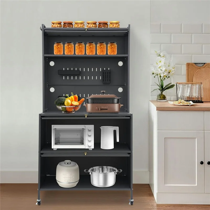 80×42×160cm 5-Tier Carbon Steel Kitchen Storage Cabinet with Doors and Wheels Dish Storage Organizer for Microwave Oven - Black