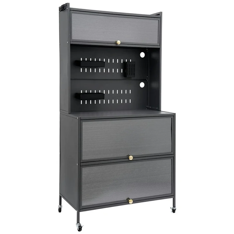 100×42×160cm 5-Tier Carbon Steel Kitchen Storage Cabinet with Doors and Wheels Dish Storage Organizer for Microwave Oven - Black