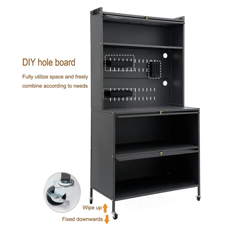 100×42×160cm 5-Tier Carbon Steel Kitchen Storage Cabinet with Doors and Wheels Dish Storage Organizer for Microwave Oven - Black