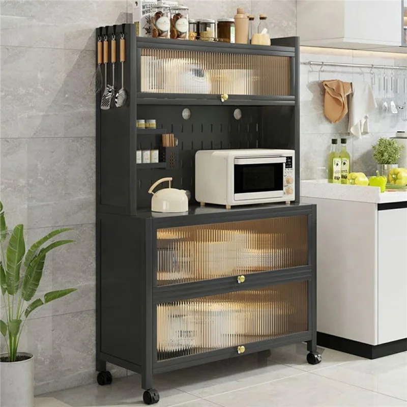100×42×160cm 5-Tier Carbon Steel Kitchen Storage Cabinet with Doors and Wheels Dish Storage Organizer for Microwave Oven - Black
