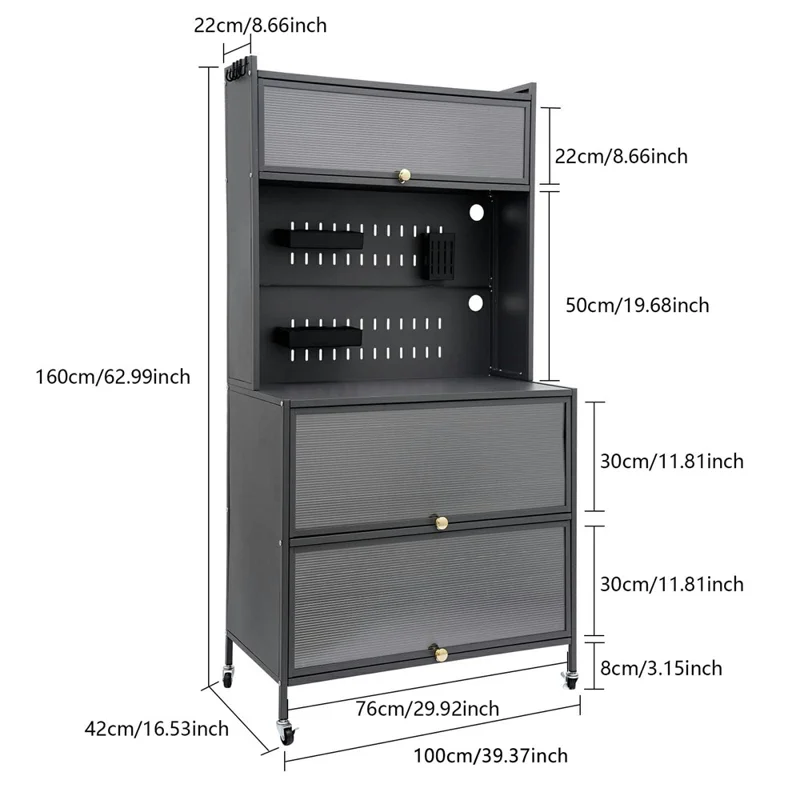 100×42×160cm 5-Tier Carbon Steel Kitchen Storage Cabinet with Doors and Wheels Dish Storage Organizer for Microwave Oven - Black