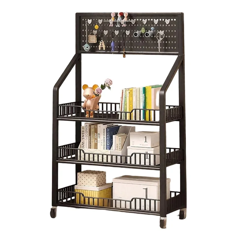 50cm 3-Tier Pegboard Bookcase Mobile Freestanding Storage Rack with 360° Caster Wheel for Living Room Snack - Black