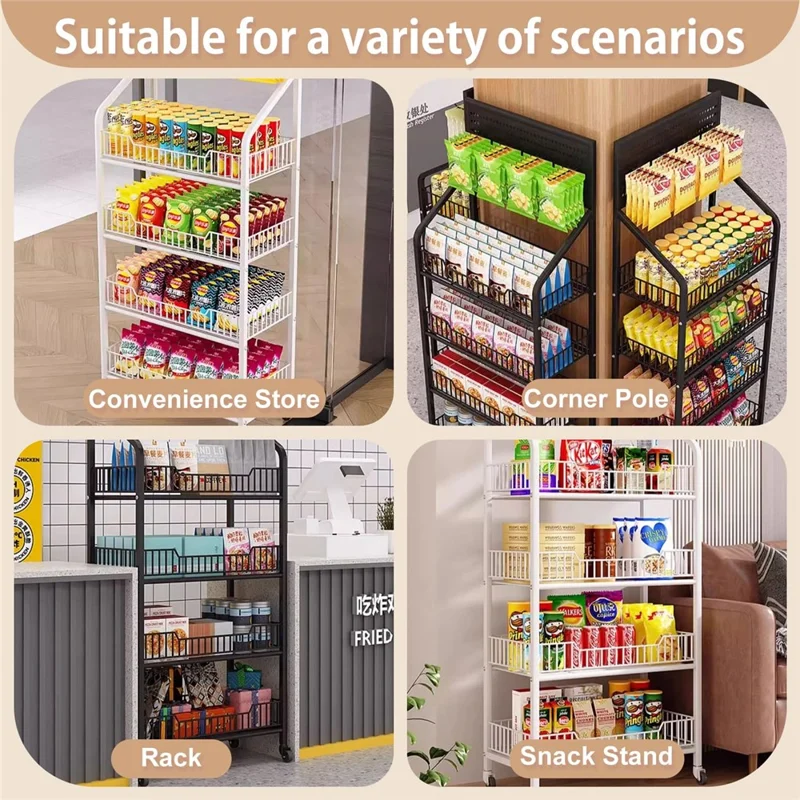 50cm 3-Tier Pegboard Bookcase Mobile Freestanding Storage Rack with 360° Caster Wheel for Living Room Snack - Black