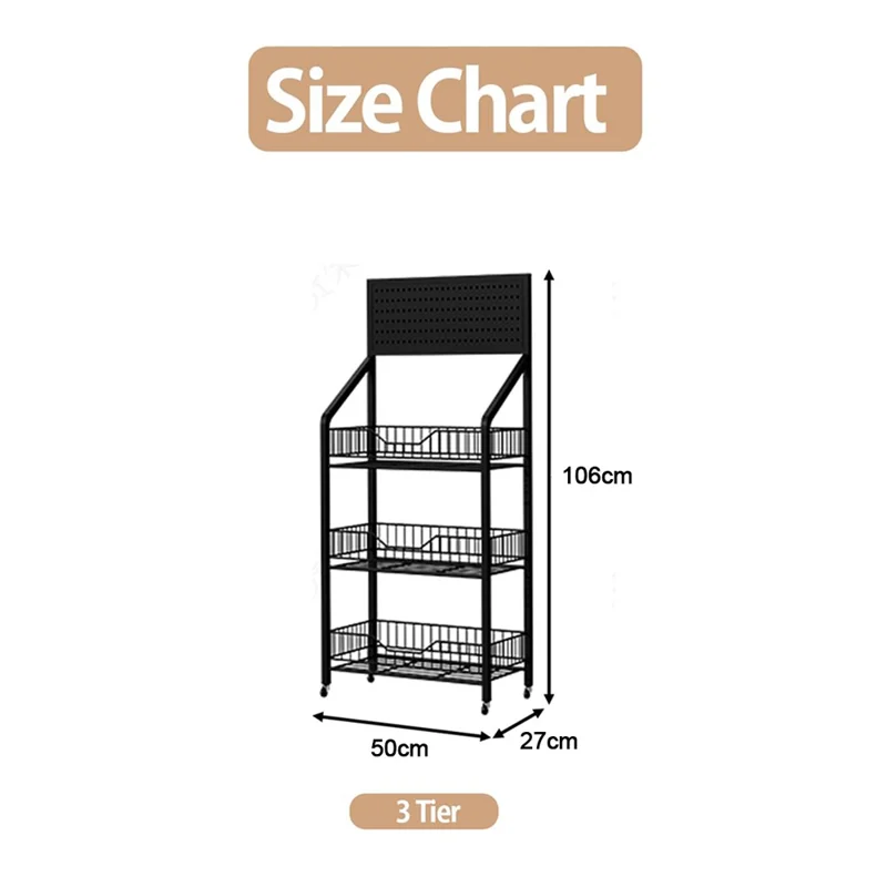 50cm 3-Tier Pegboard Bookcase Mobile Freestanding Storage Rack with 360° Caster Wheel for Living Room Snack - Black