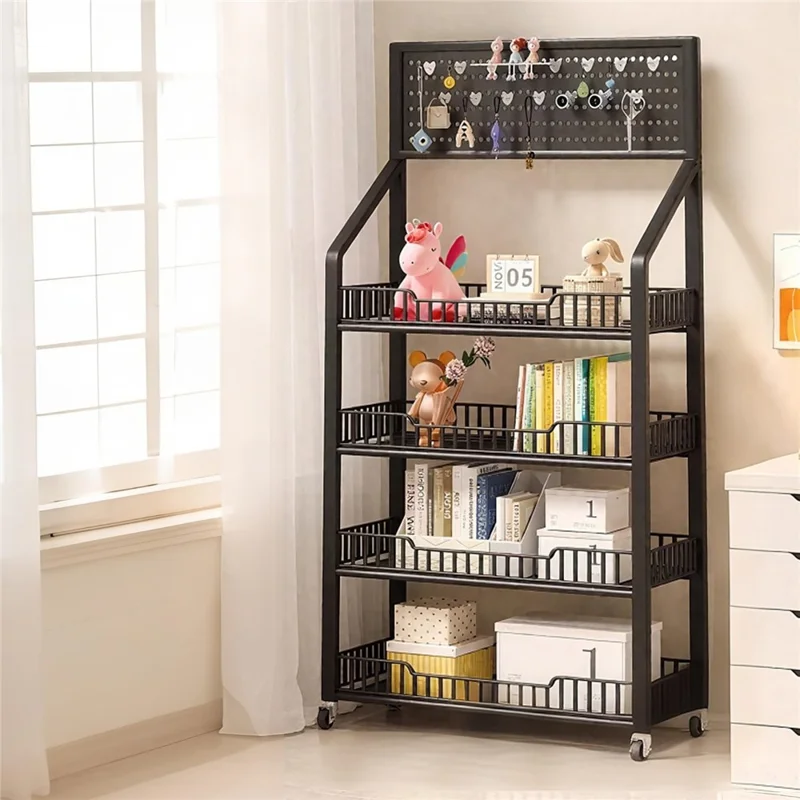 Scaffalatura con Fori 4 Ripiani 50 cm Scaffale Libri Mobile Autoportante con Ruote Girevoli 360° per Snack Soggiorno - Nero