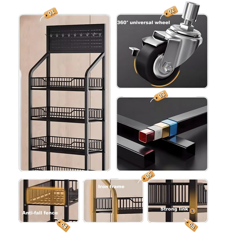 Scaffalatura con Fori 4 Ripiani 50 cm Scaffale Libri Mobile Autoportante con Ruote Girevoli 360° per Snack Soggiorno - Nero