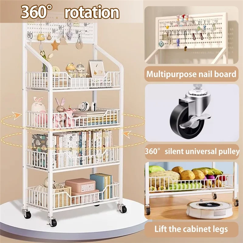 Scaffalatura con Fori 4 Ripiani 50 cm Scaffale Libri Mobile Autoportante con Ruote Girevoli 360° per Snack Soggiorno - Nero