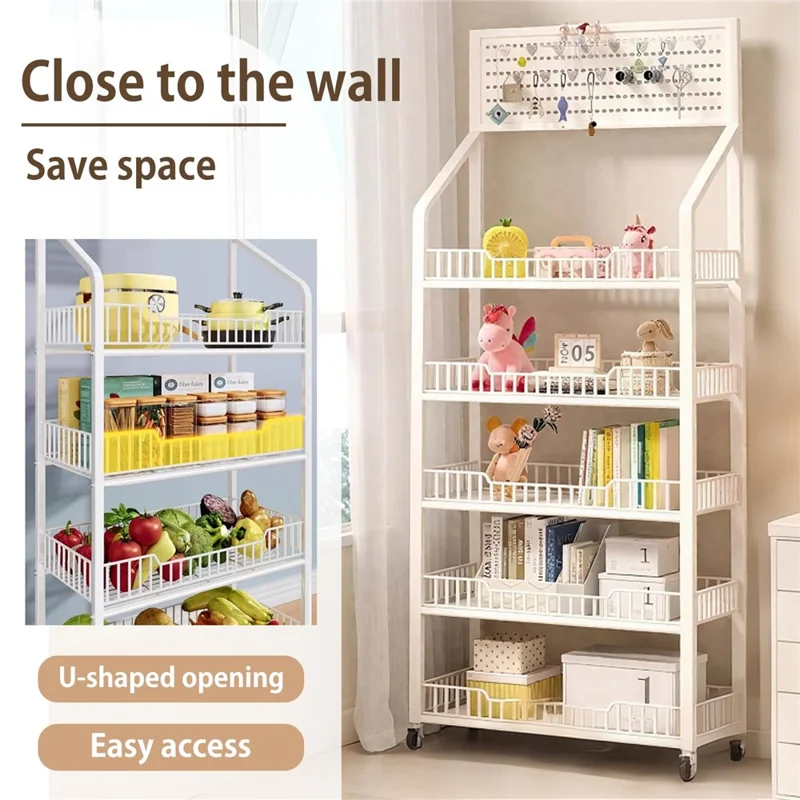 Scaffalatura con Fori 4 Ripiani 50 cm Scaffale Libri Mobile Autoportante con Ruote Girevoli 360° per Snack Soggiorno - Nero