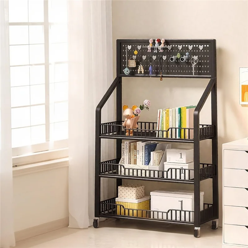 60cm 3-Tier Pegboard Bookcase Mobile Freestanding Storage Rack with 360° Caster Wheel for Living Room Snack - Black