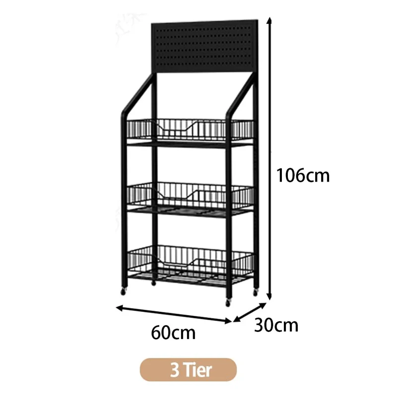 60cm 3-Tier Pegboard Bookcase Mobile Freestanding Storage Rack with 360° Caster Wheel for Living Room Snack - Black