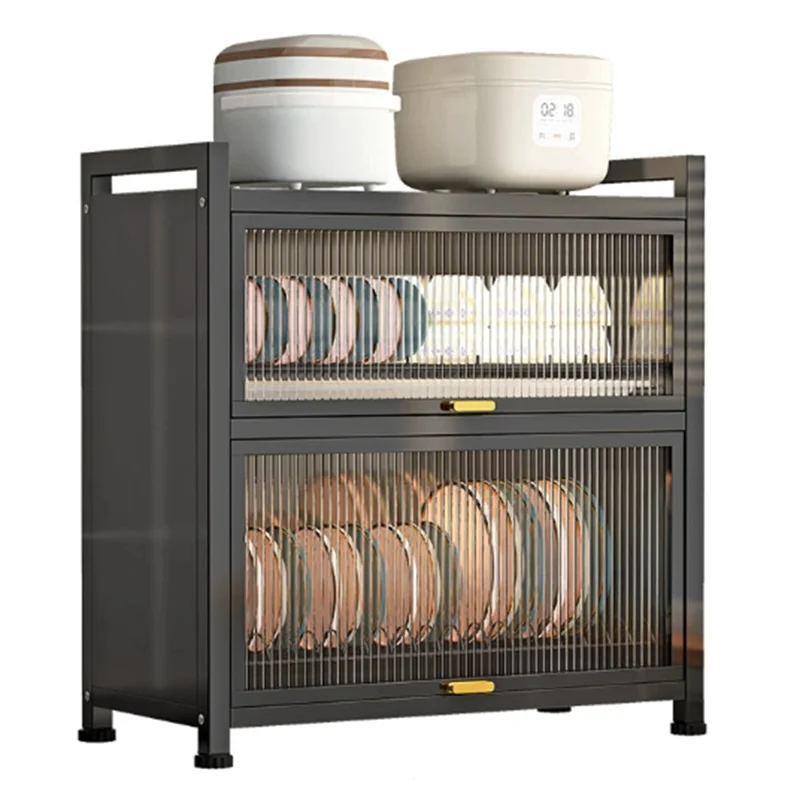 Scaffale Cucina a Doppio Livello 45 cm con Antina Ribaltabile, Armadietto per Stoviglie a Prova di Polvere con Vassoio Estraibile per Scarico - Nero