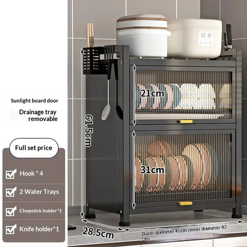 Scaffale Cucina a Doppio Livello 45 cm con Antina Ribaltabile, Armadietto per Stoviglie a Prova di Polvere con Vassoio Estraibile per Scarico - Nero
