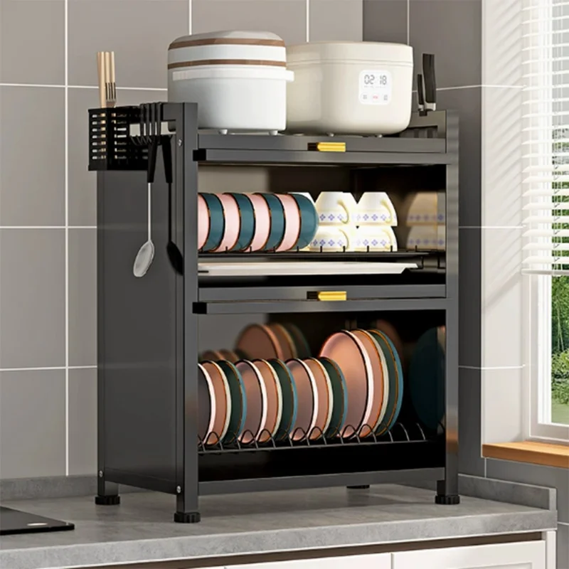 Scaffale Cucina a Doppio Livello 45 cm con Antina Ribaltabile, Armadietto per Stoviglie a Prova di Polvere con Vassoio Estraibile per Scarico - Nero